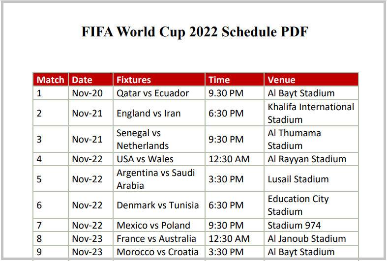 FIFA World Cup 2022 Schedule PDF