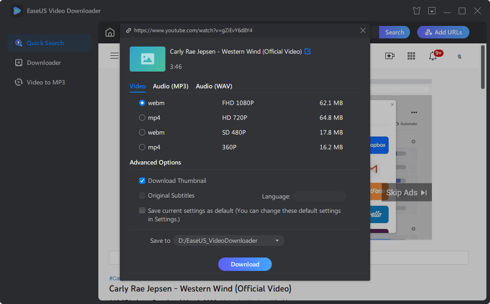Select the audio format and quality