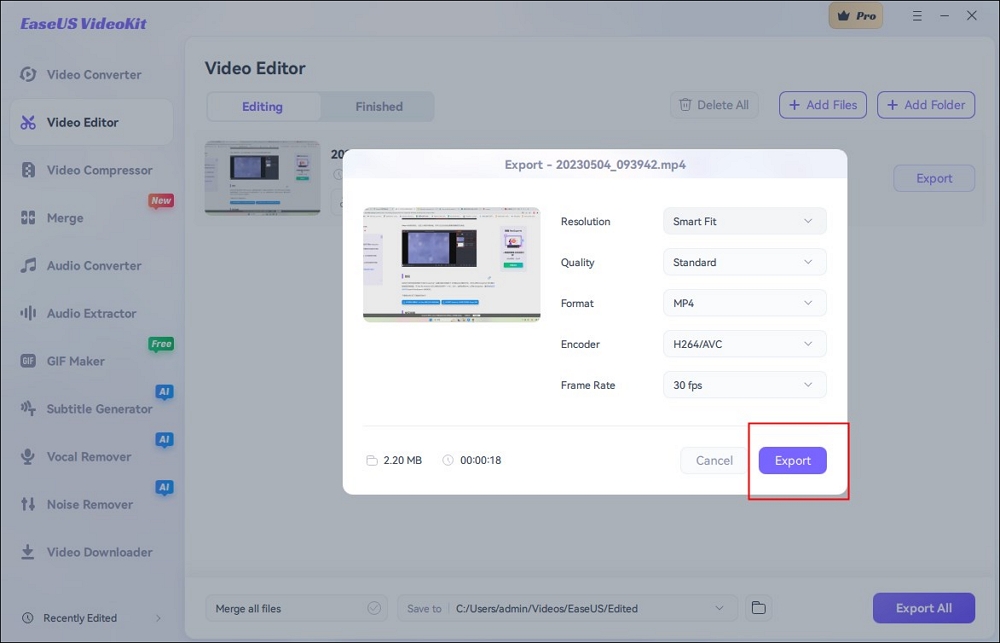 choose export the video file