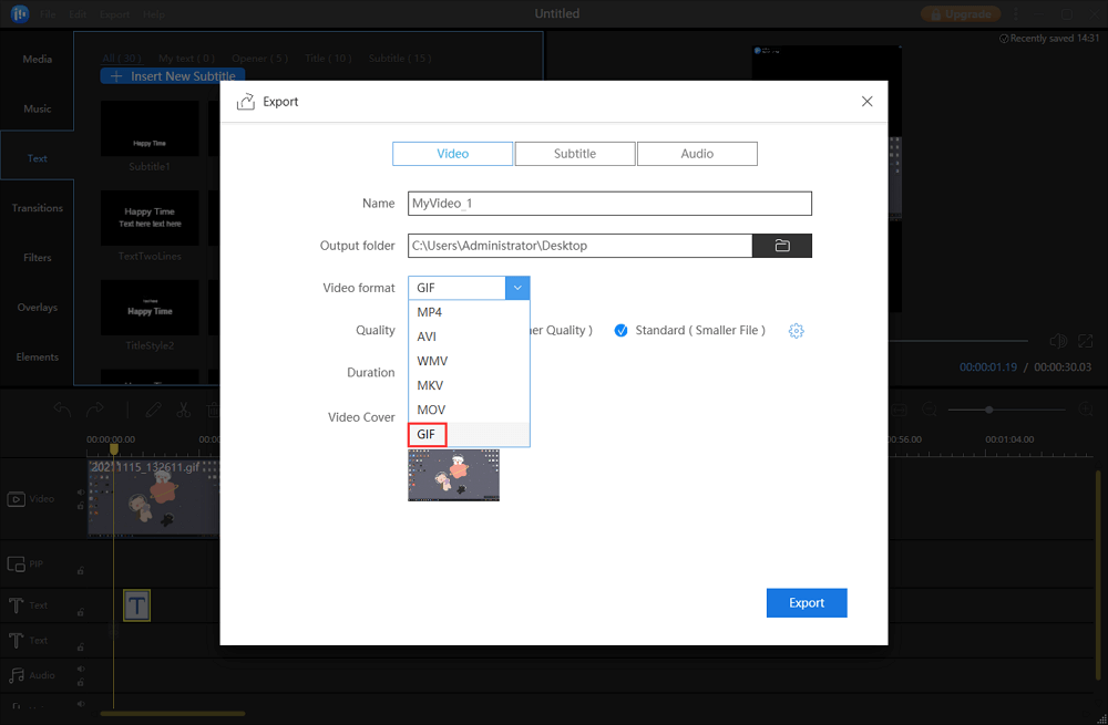 export the gif with text